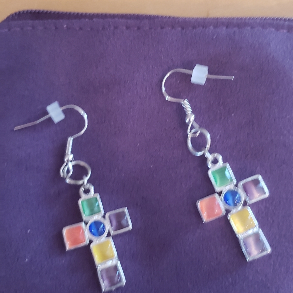 Hand made cross earrings with small glass beads.